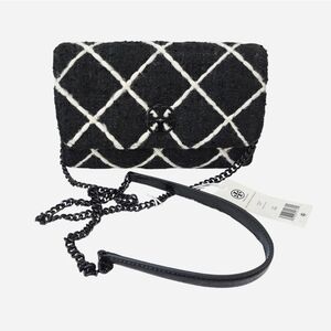 Tory Burch Willa Black and White Tweed Crossbody Flap Bag Purse